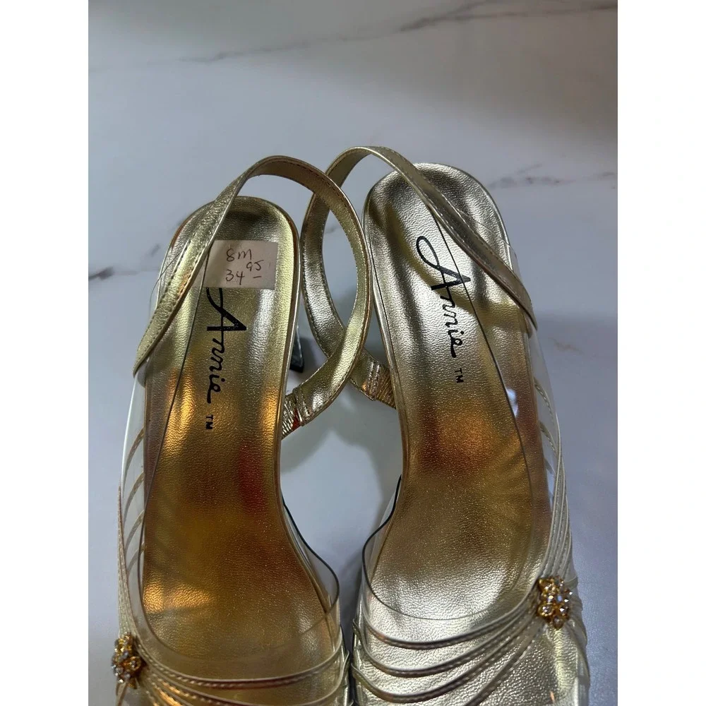 Annie Gold Metallic Clear Lucite Block Heel Slingback Sandals Rhinestone Size 8M
